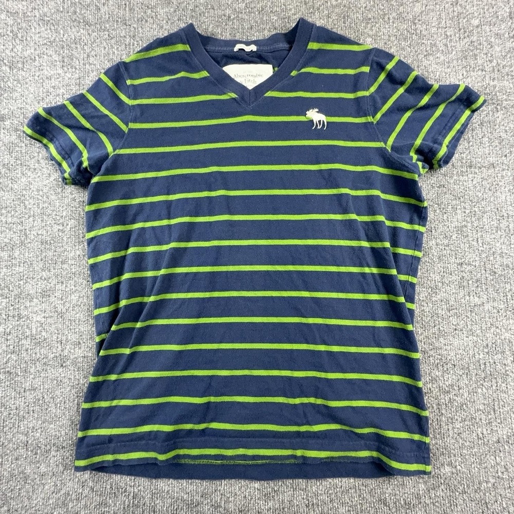 Abercrombie & Fitch Mens XL Blue Green Stripe V Neck Moose Logo Muscle Fit Shirt
